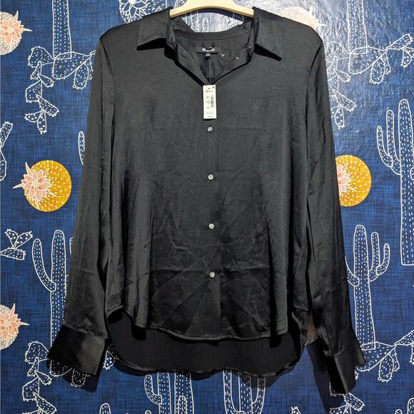 NWT Madewell Satin Darted Button-Up Shirt True Black Women's Size 14 #NN947 - Picture 6 of 13